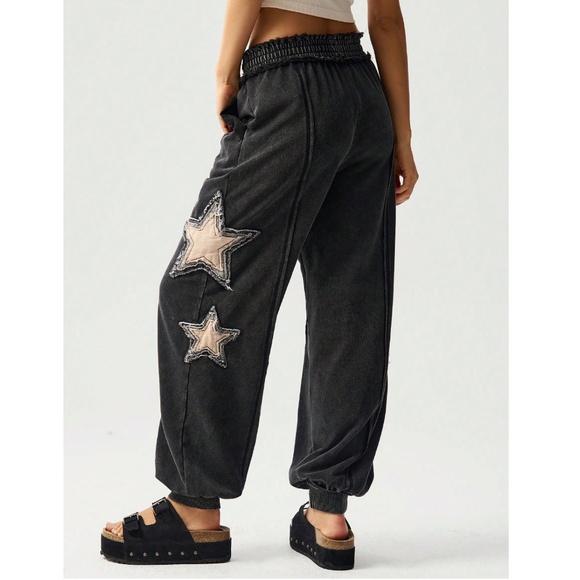 Mineral wash Stretchy Waist Star patch cotton joggers pants - Picture 5 of 6